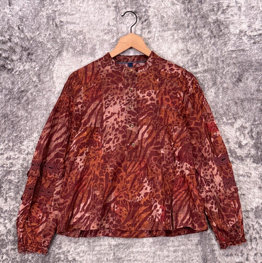 Anthropologie Top XS Women Pilcro Cotton Woven Animal Popover Blouse Puff Sleeve